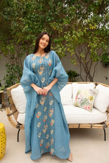 Blue Linen Embroidered Dress