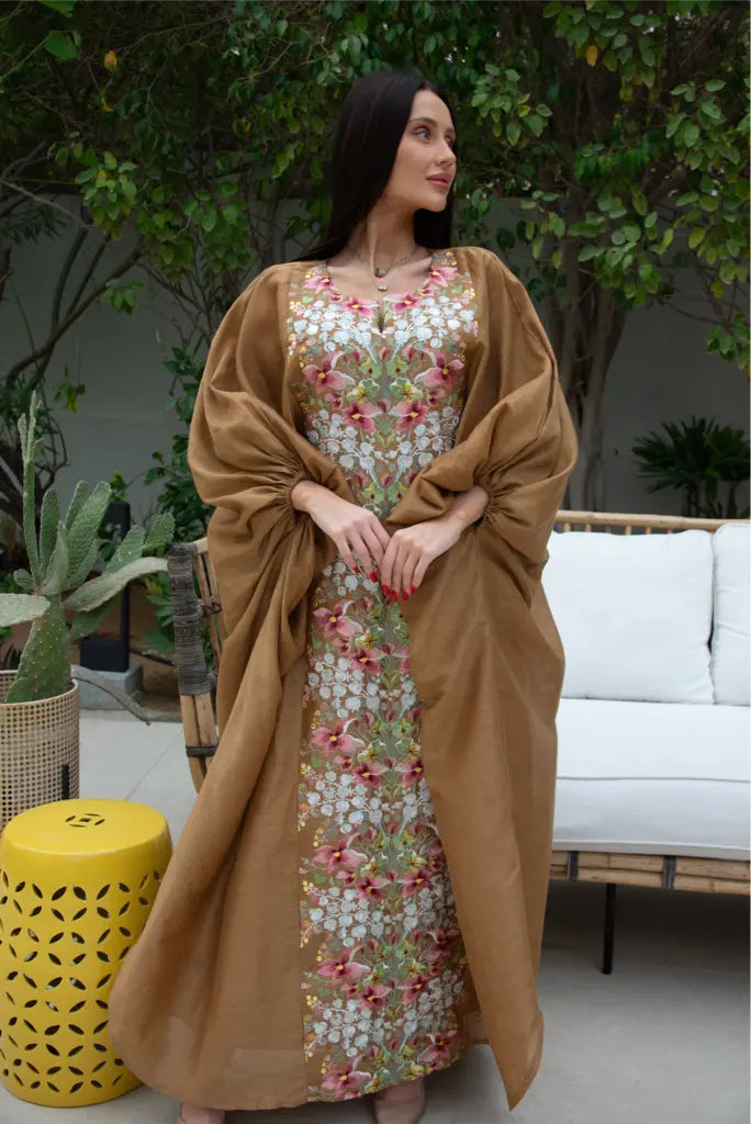 Camel Linen Embroidered Dress